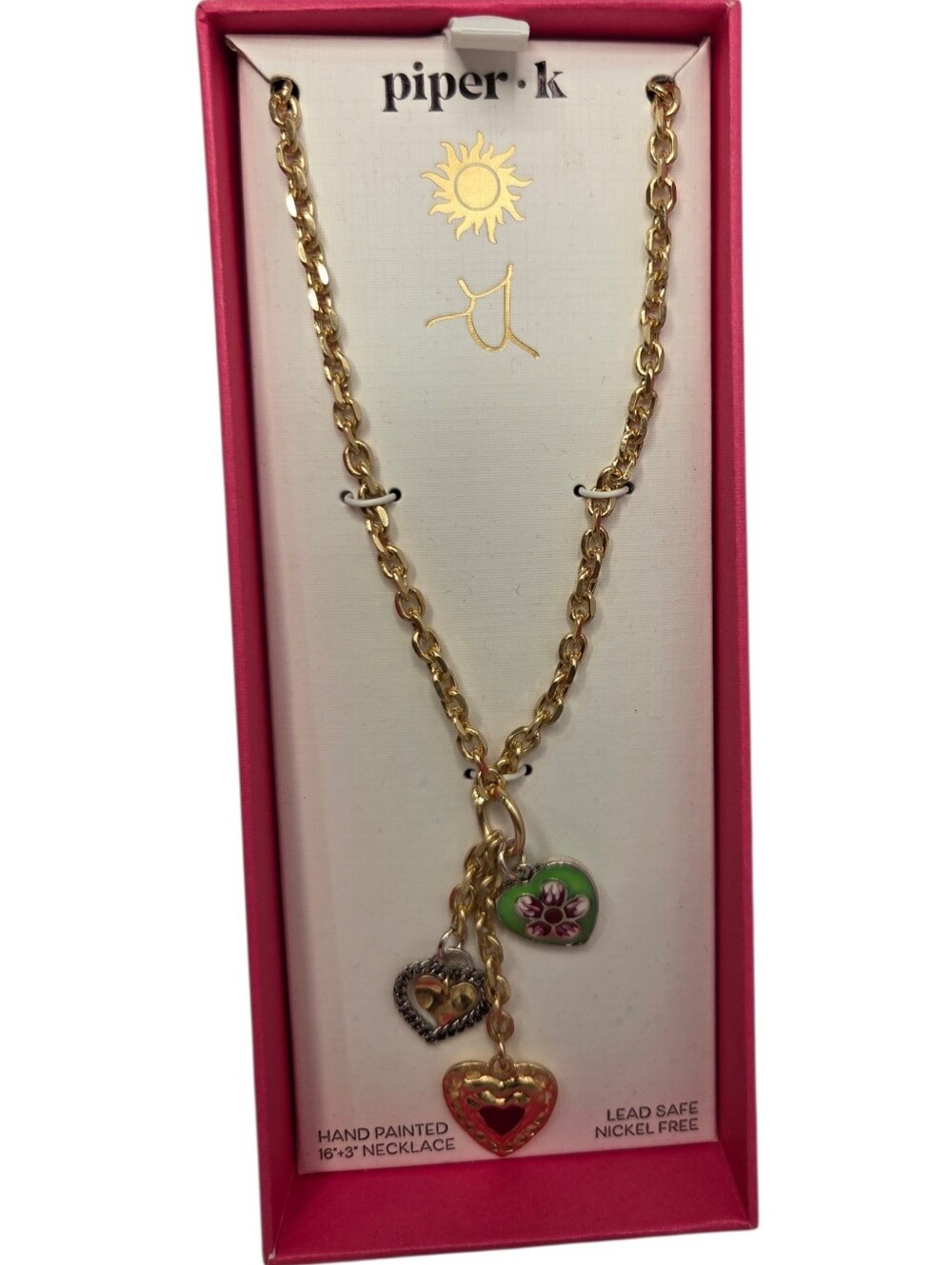 💛▪️Piper K ▪️Gold Charm Necklace with Green and Red Hearts